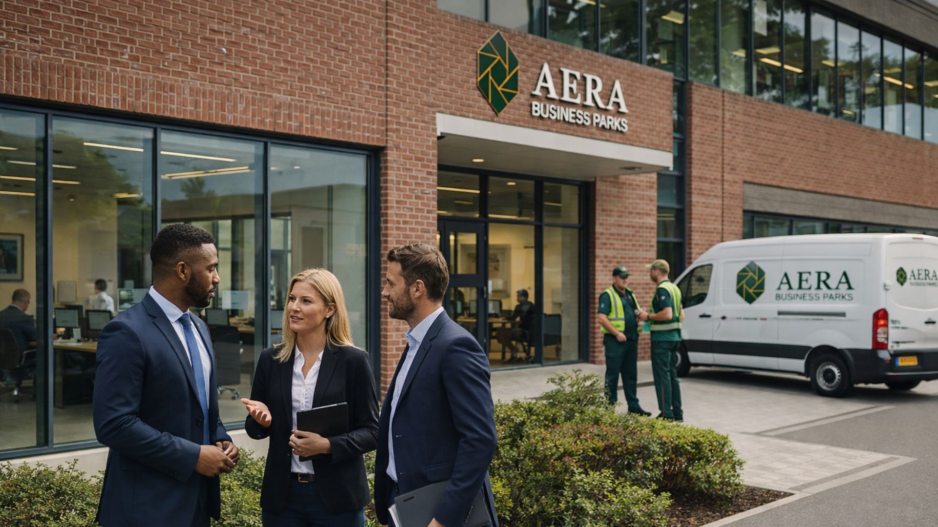 Mitarbeitende im Business-Meeting vor dem Büroeingang von AERA Business Parks