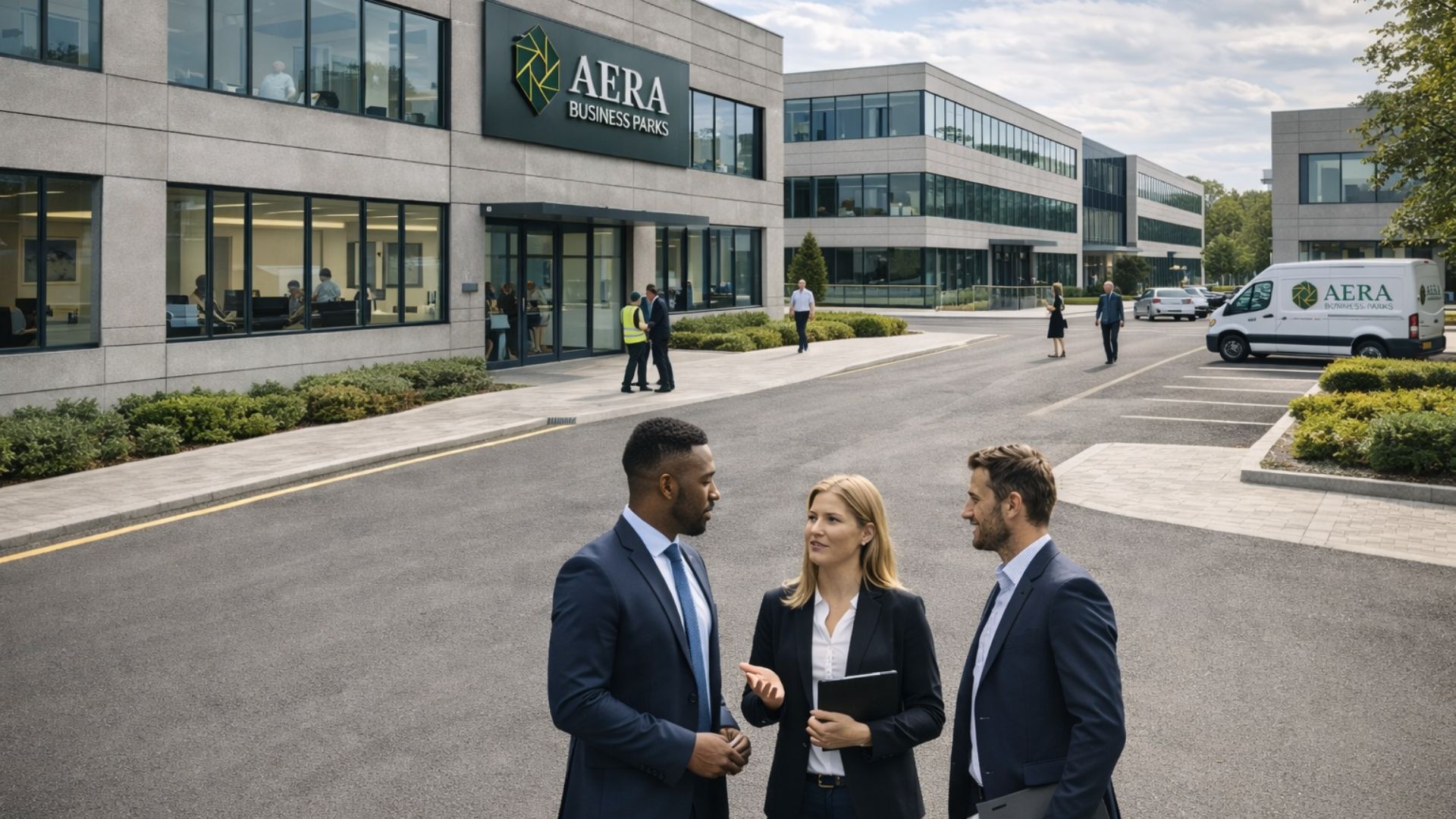 Business-Gespräch zwischen Mitarbeitenden auf dem Büroareal von AERA Business Parks