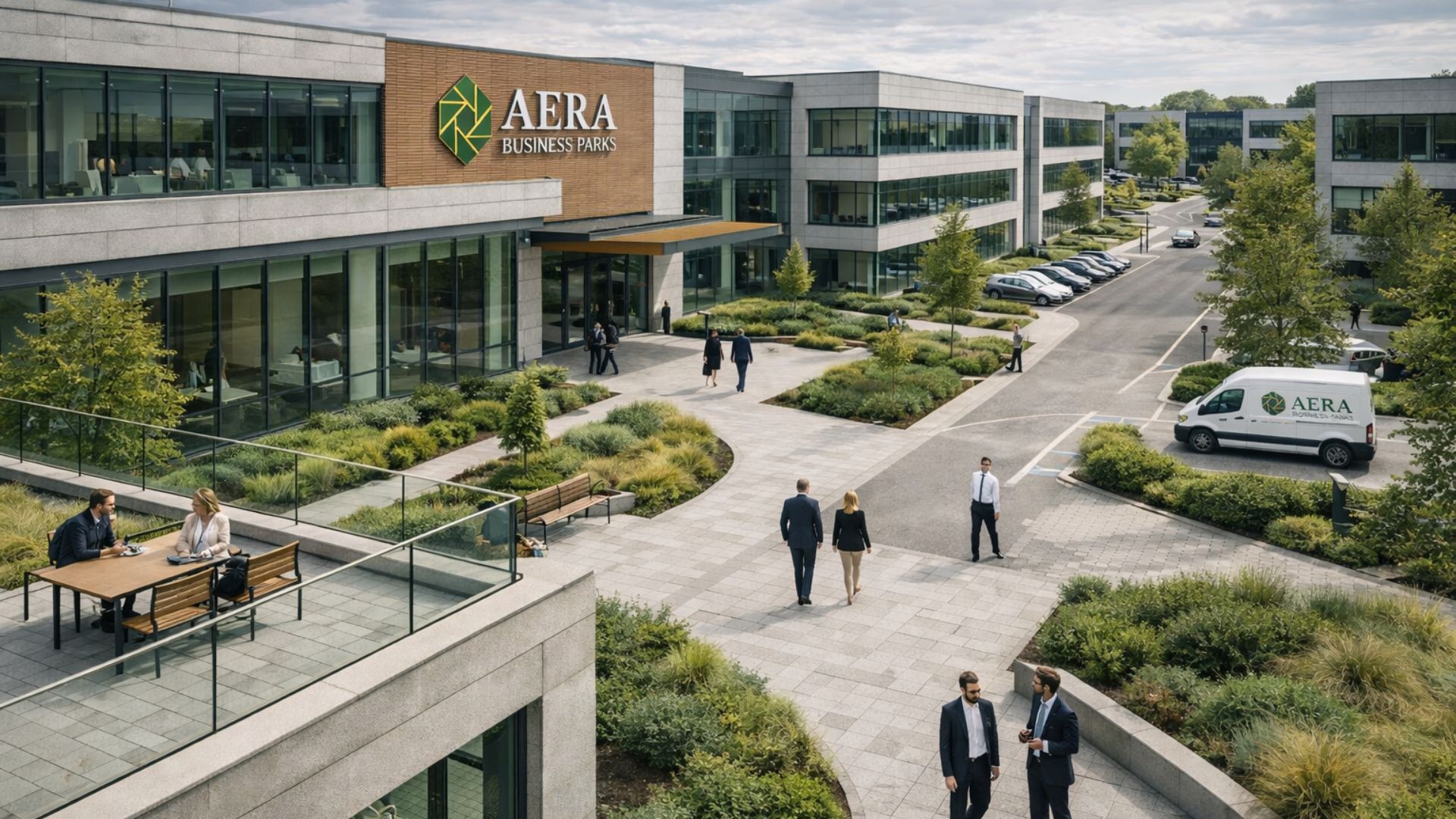 Übersicht über den Campus von AERA Business Parks mit Bürogebäuden, Grünanlagen und Personen im Arbeitsalltag