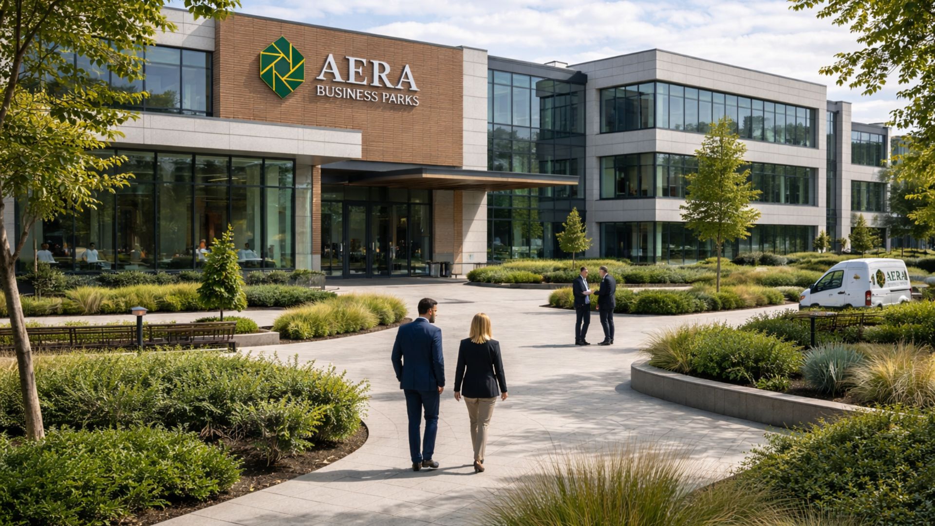 Landschaftlich gestalteter Büro-Campus von AERA Business Parks mit Wegen, Grünflächen und Mitarbeitenden