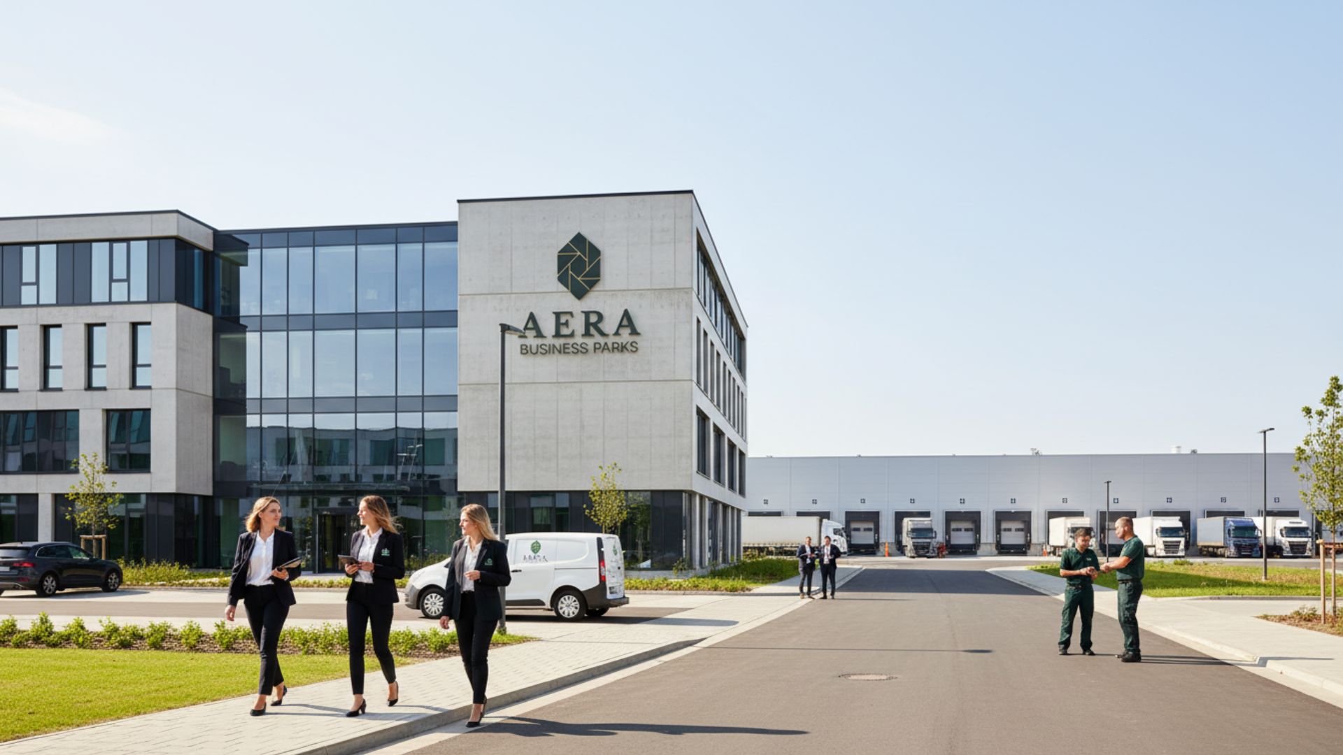Logistik- und Business-Campus von AERA Business Parks mit Mitarbeitenden vor modernen Gewerbehallen