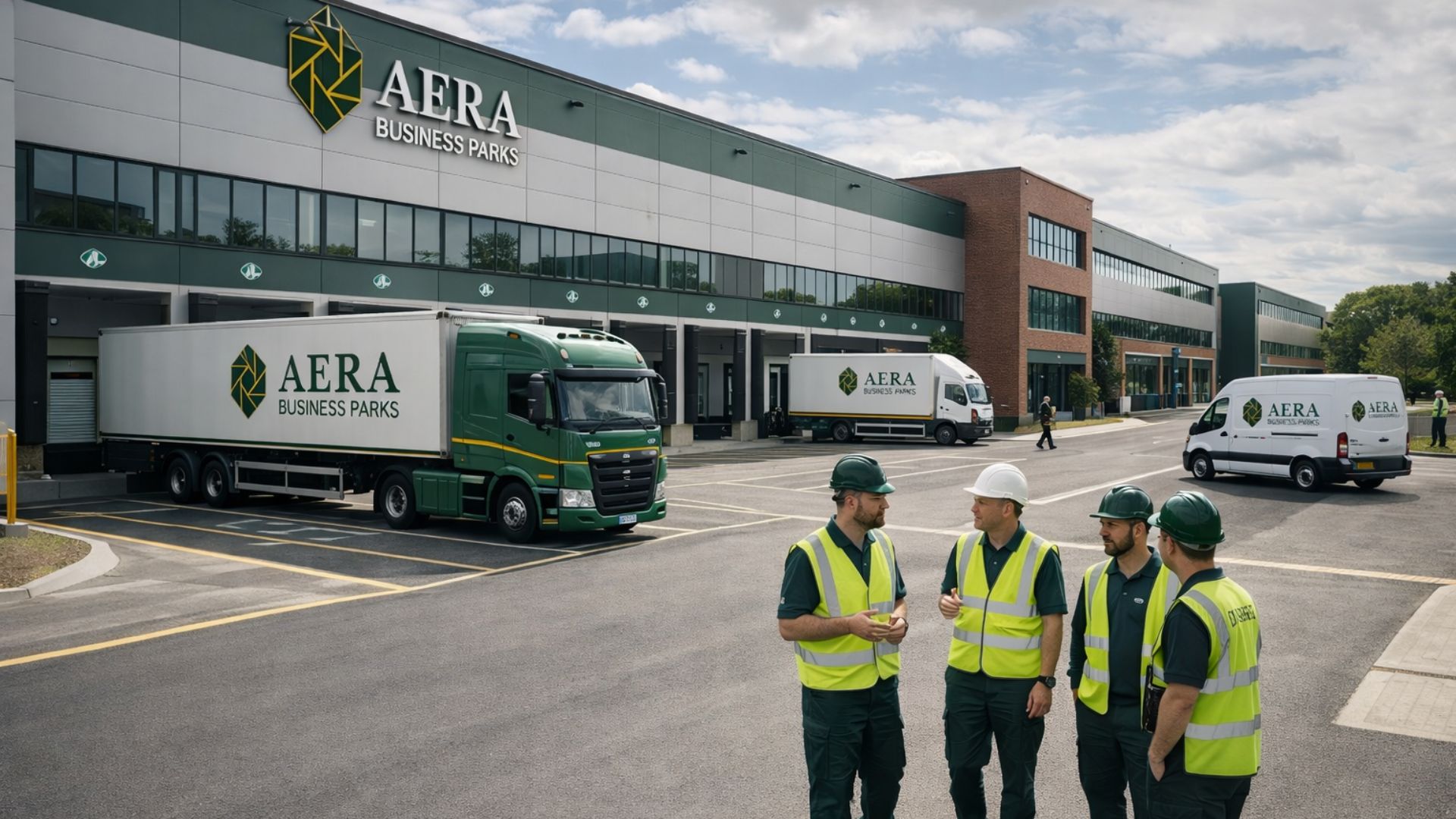Logistik-Campus von AERA Business Parks mit Servicefahrzeugen und Mitarbeitenden im Arbeitsbereich