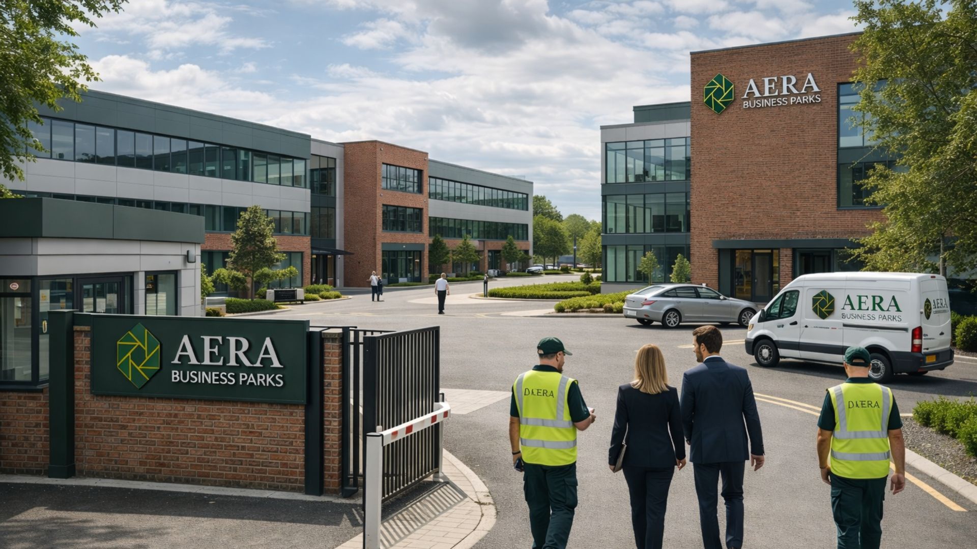 Logistikbereich von AERA Business Parks mit Mitarbeitenden in Arbeitskleidung vor modernen Gewerbegebäuden