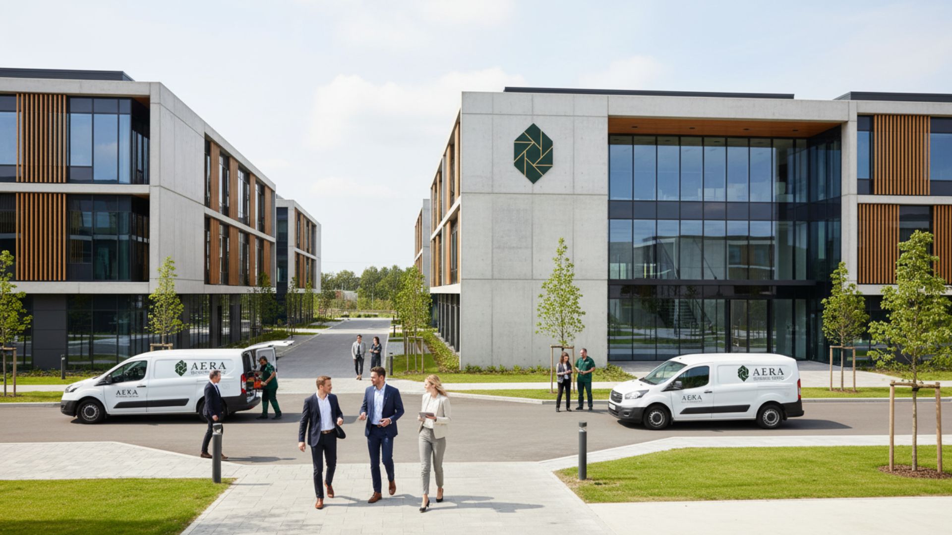 Moderner Business Campus von AERA Business Parks mit Bürogebäuden, Servicefahrzeugen und Mitarbeitenden